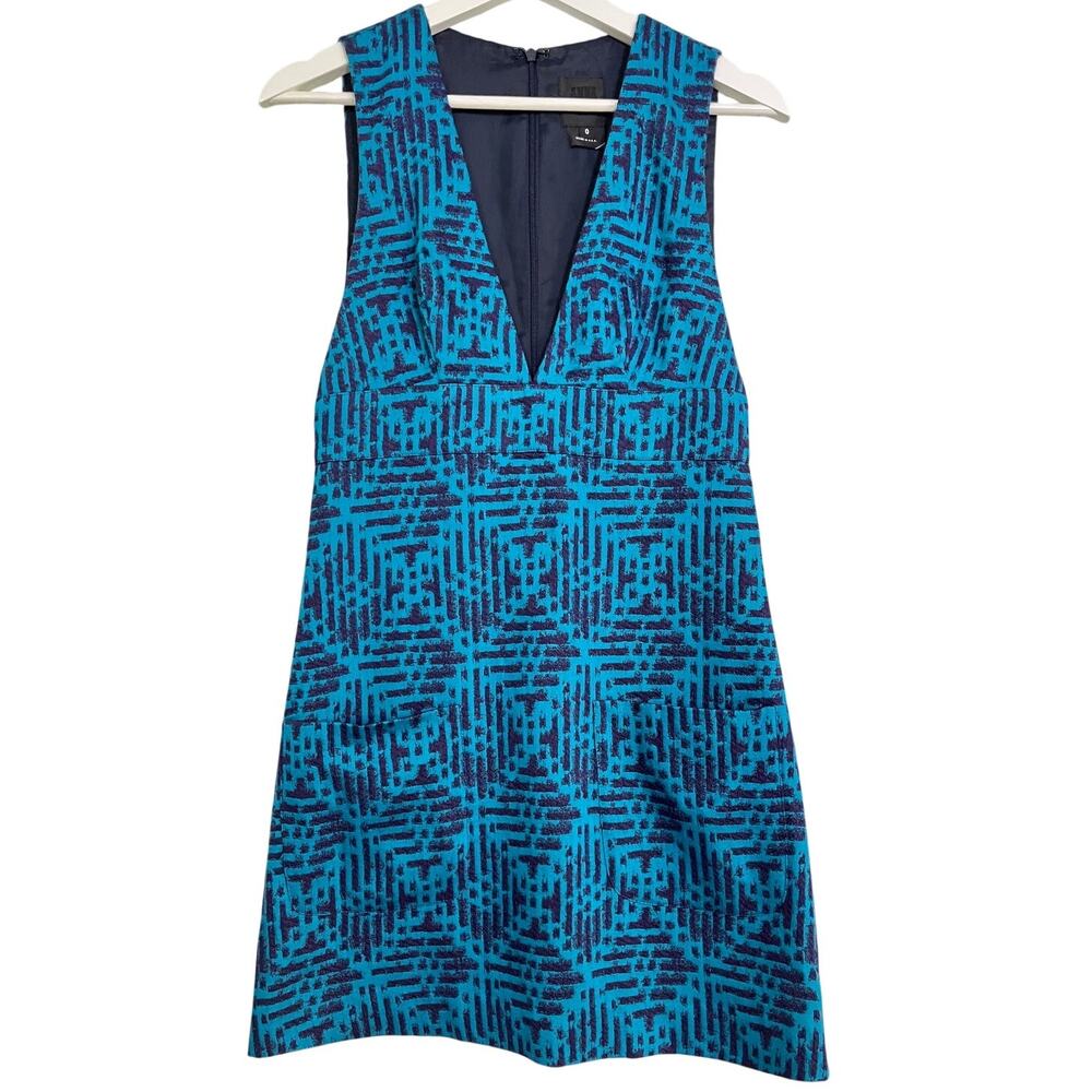 Anna Sui Teal Purple Jacquard Mini Dress Sleeveless Plunge Neck Size 0 USA